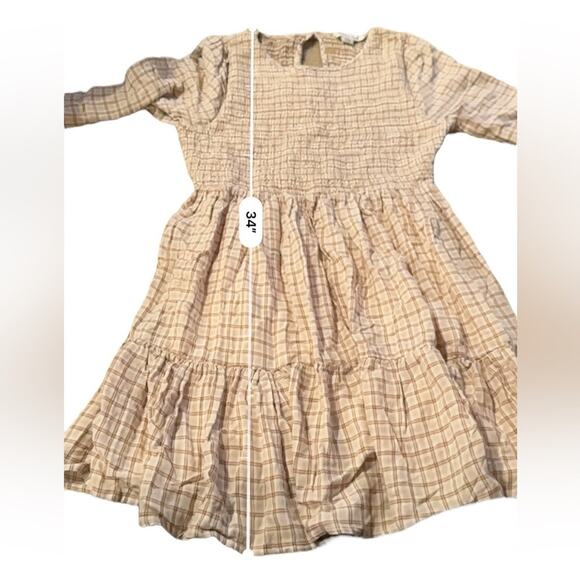American Eagle Cream & Tan Check Long Sleeve Smocked Tiered Mini Dress Sz S NEW‎ - Picture 9 of 9